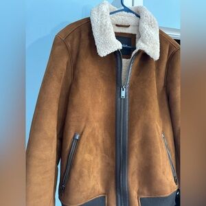 Dkny Brown and Cream Bomber Jacket with Shearling Collar
